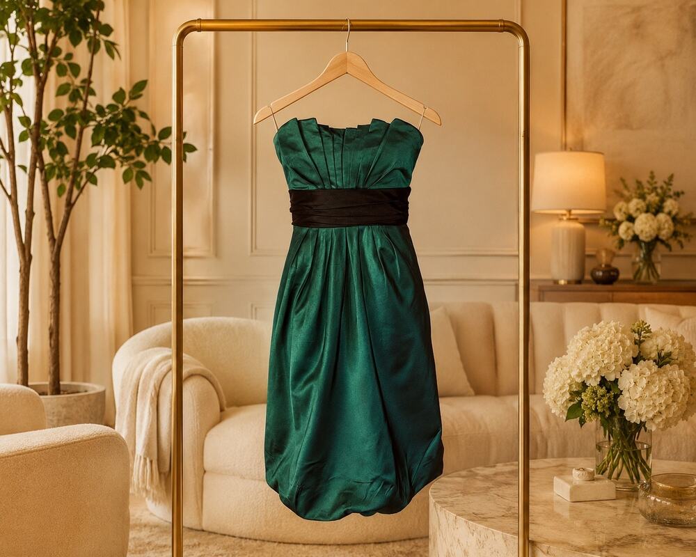 Kay Unger Green Black Silk Strapless Cocktail Dress Sz 10 Formal Midi Black Tie